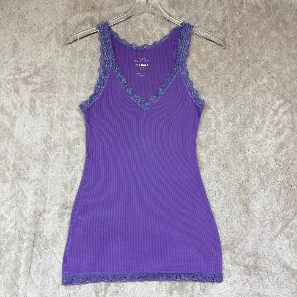 Old Navy Women Purple Ribbed Lace Trim V-Neck Tank Top Cami XS Y2K Style